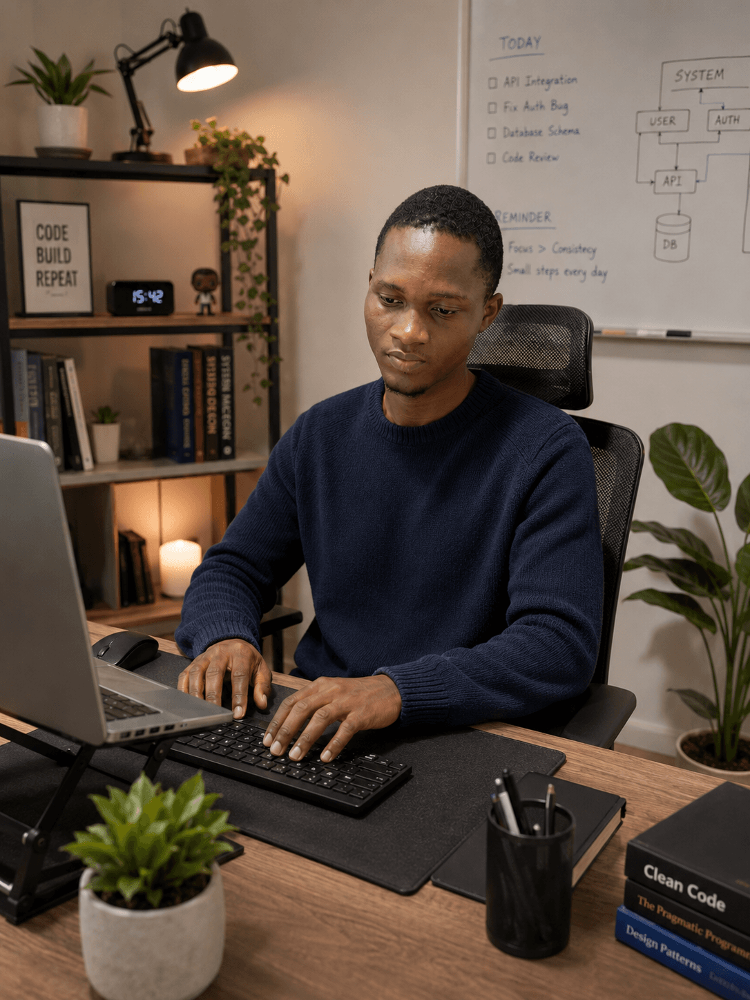 Caleb Adjeoda working on a laptop